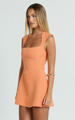 Sakura Mini Dress Square Neck Wide Strap Corset Waist A Line Skirt Dress in Orange