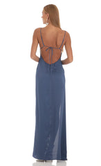 Satin Ruffle Maxi Dress in Blue