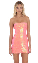 Duo Chrome Sequin Strapless Dress in Neon Orange