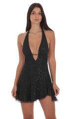 Lace Sequin Plunge Neck Dress in Black