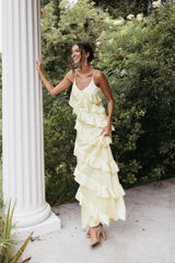 Ciao Ruffles Maxi Satin Dress - Pale Yellow