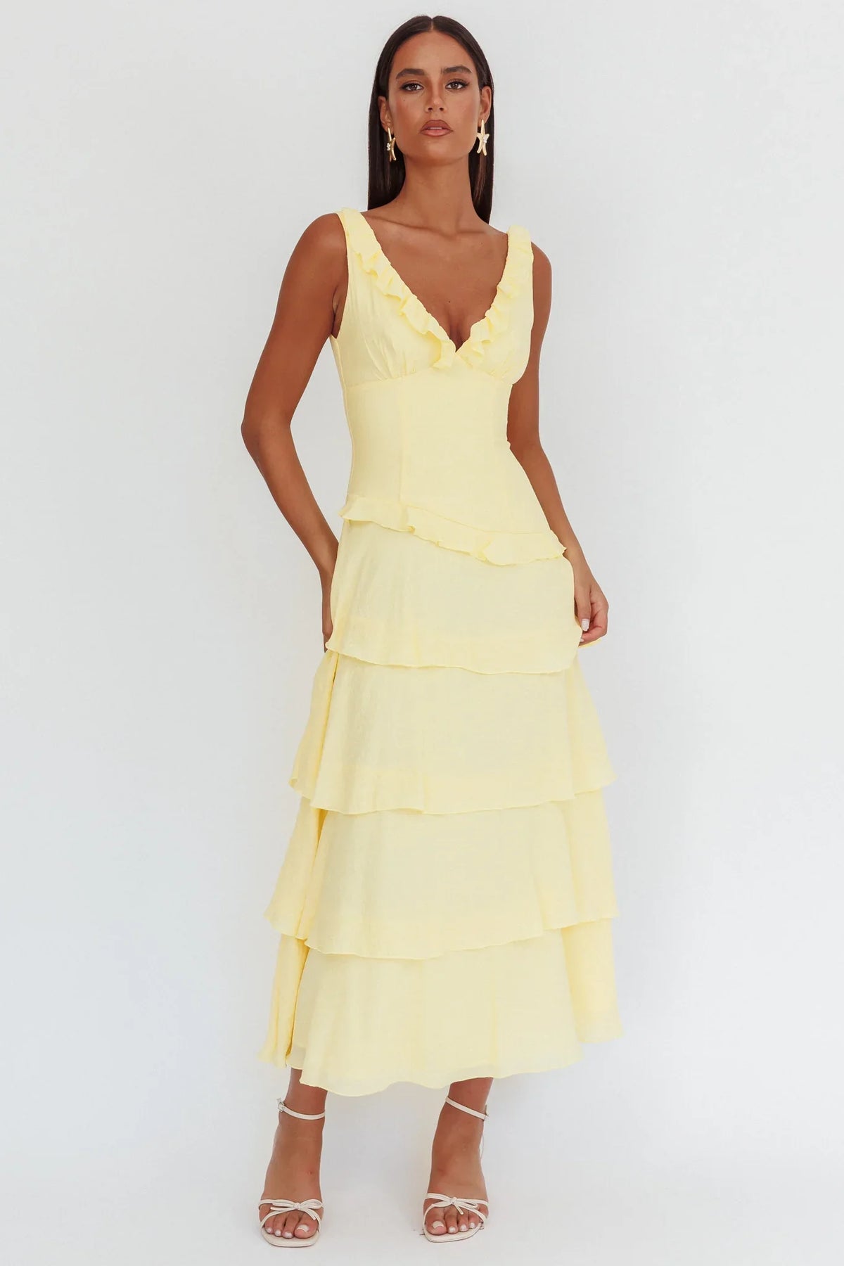 Khlara V-Neck Frill Trim Maxi Dress Butter