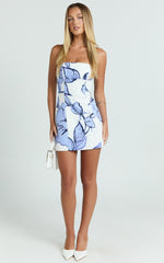 Catharine Mini Dress - Strapless A Line Dress in Blue Floral