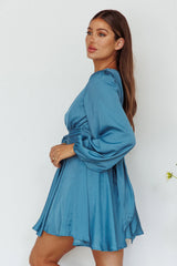 Leia Long Sleeve Waist Tie Mini Dress Teal