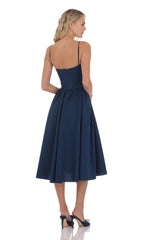 Corset V-Neck Midi Dress in Navy