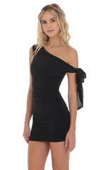 Off Shoulder Shimmer Tie Dress in Black