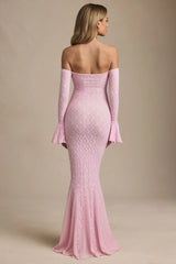 Off-Shoulder Ruffle Lace Maxi Dress in Soft Pink