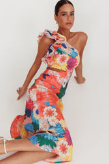 Deanna One-Shoulder Ruffle Floral Maxi Dress Orange