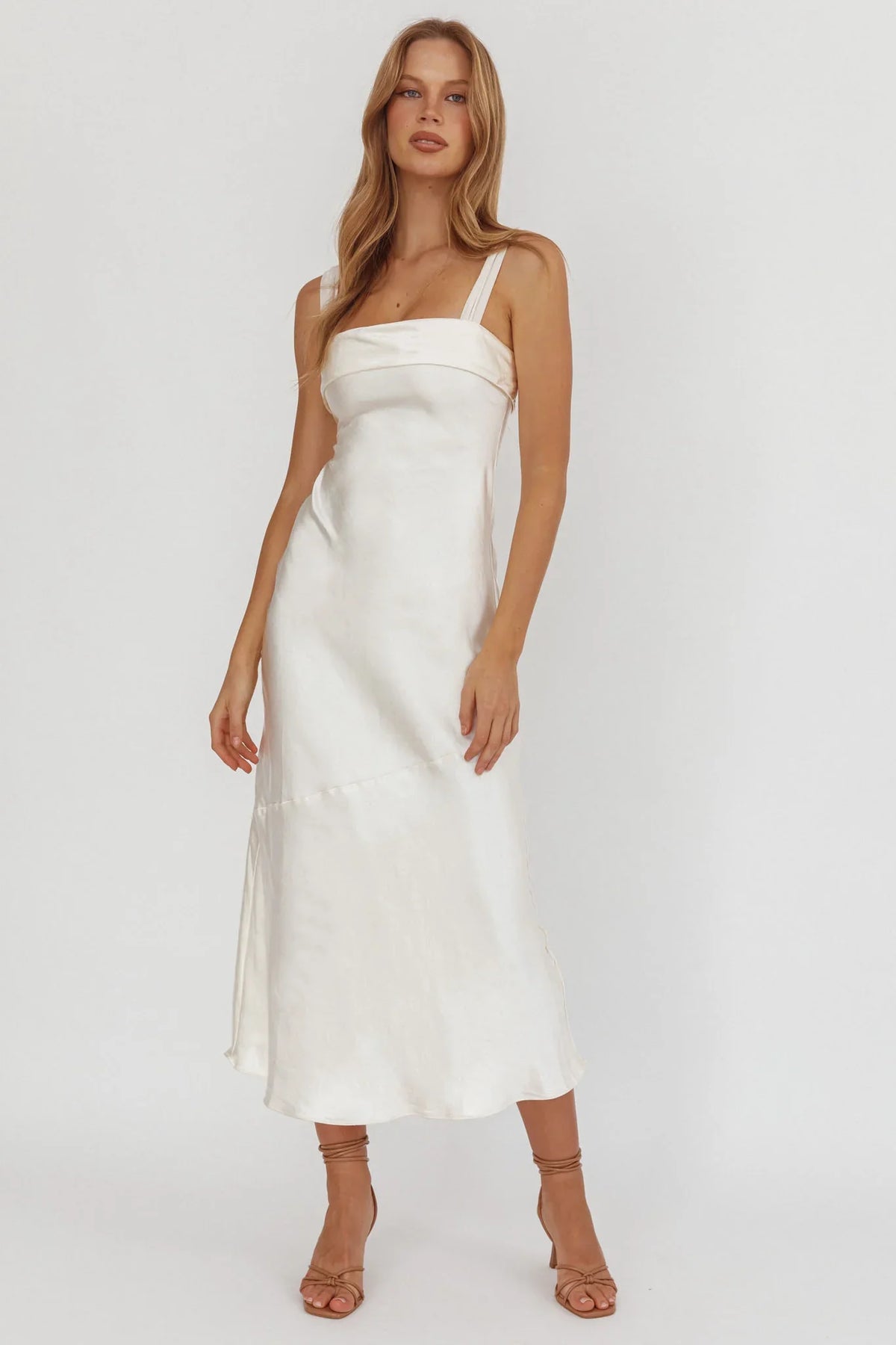 Carmel Shoulder Sash Midi Dress Oyster