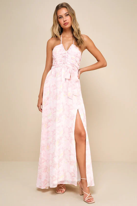 Effortlessly Abloom Light Pink Floral Ruched Halter Maxi Dress