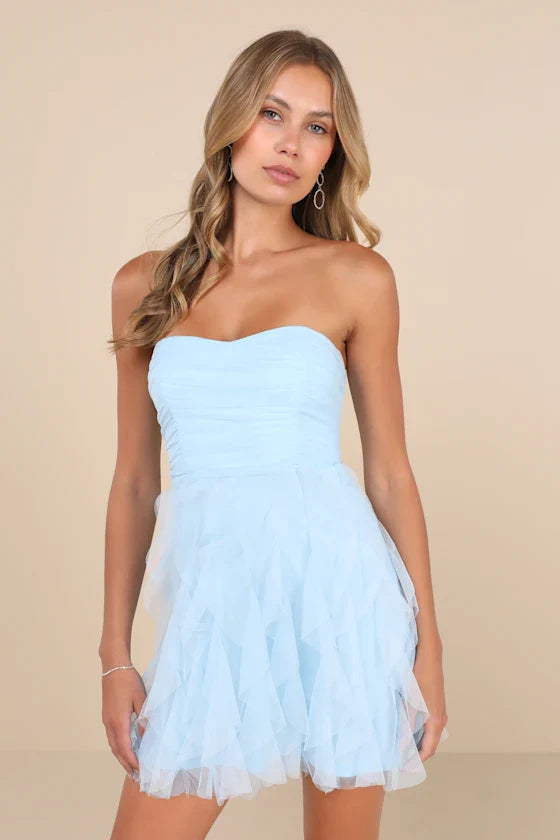 Delightful Beauty Light Blue Mesh Strapless Ruffled Mini Dress