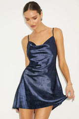 Close to Your Heart Navy Satin Jacquard Cowl Slip Dress