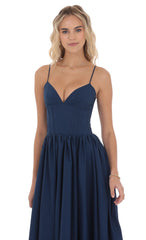 Corset V-Neck Midi Dress in Navy