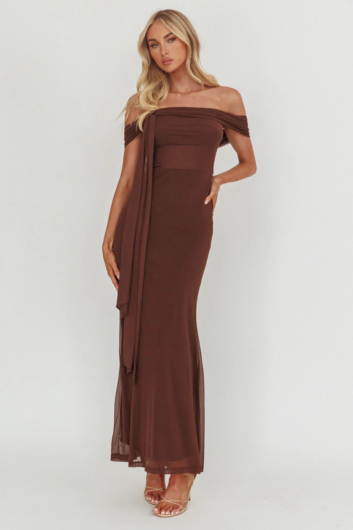 Silver Moon Tied Off-Shoulder Maxi Dress Chocolate