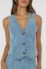 Rhythms Button Vest Denim Blue