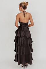 Catalina Tiered Ruffle Rosette Maxi Dress Black