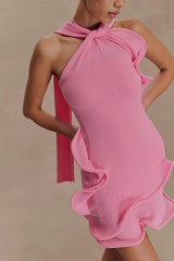 Caprice Halter Knit Mini Dress - Bubblegum Pink