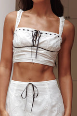 Helga Eyelet Embroidery Bow Crop Top White