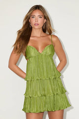 Sleek Dedication Green Satin Plisse Cutout Tiered Mini Dress