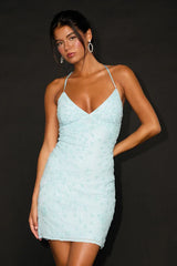 Keep Glowing Mint Blue Sequin Lace-Up Bodycon Mini Dress