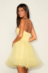 Lovely Flirtation Yellow Tulle Strapless Bustier Mini Dress