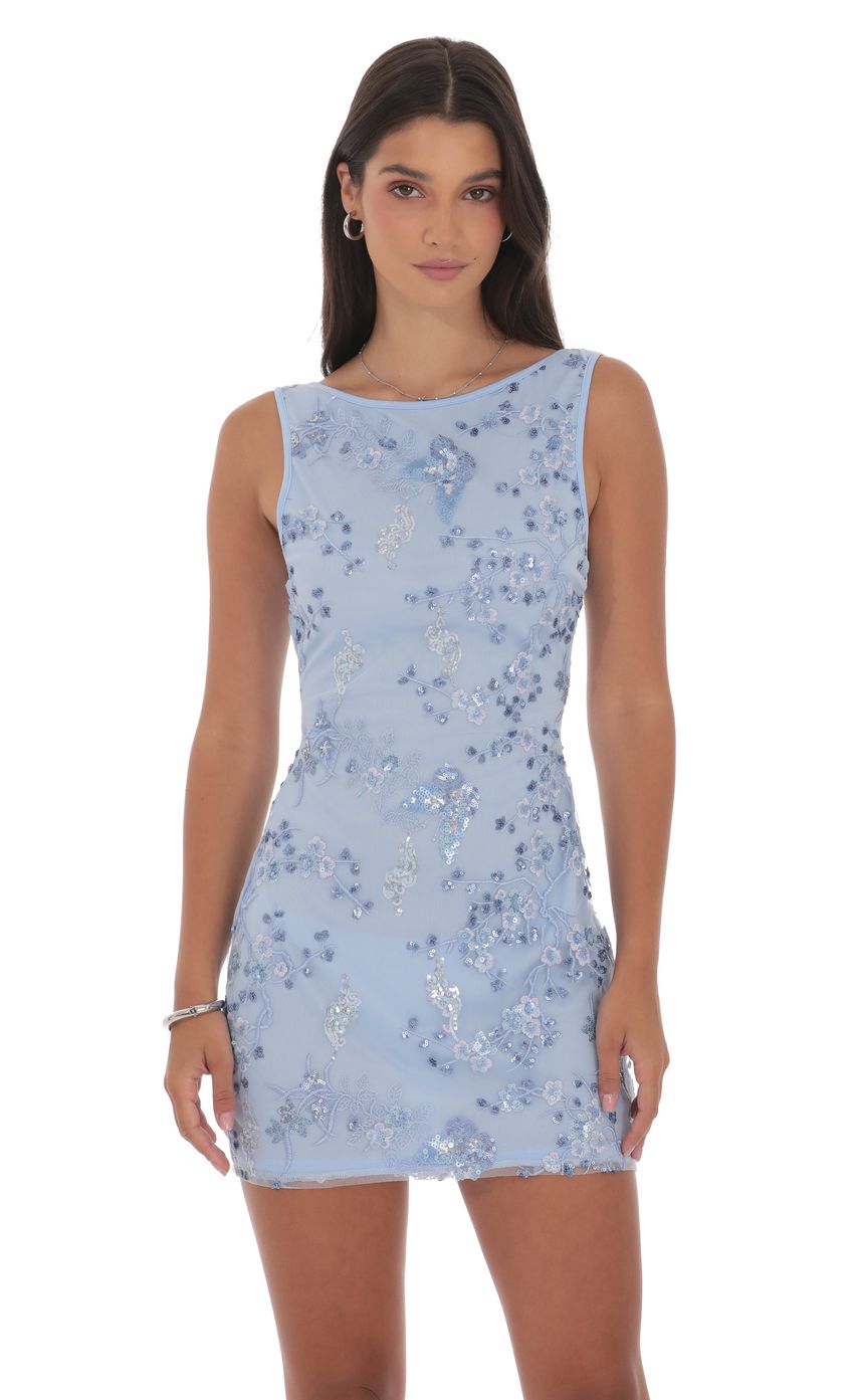 High Neck Floral Bodycon Dress in Light Blue