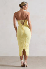 Nylah | Lemon Ruched Corset Bodycon Midi Dress