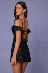 Embellished Lace-Up A-Line Mini Dress in Black