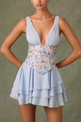 Embellished Ruffled Corset Mini Dress in Floral Blue