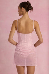 Semi-Sheer Embellished Draped Corset Mini Dress in Pink