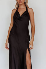 Champagne Showers Halterneck Slip Midi Dress Black