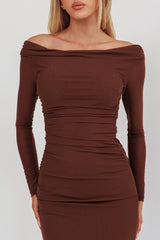 In Blooms Off Shoulder Mesh Maxi Dress Chocolate