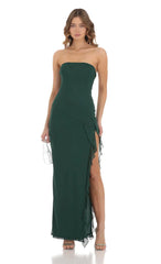 Mesh Ruffle Slit Dress in Green