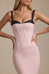Layered Bra-Detail Fishtail Midaxi Dress in Pink Polka Dot