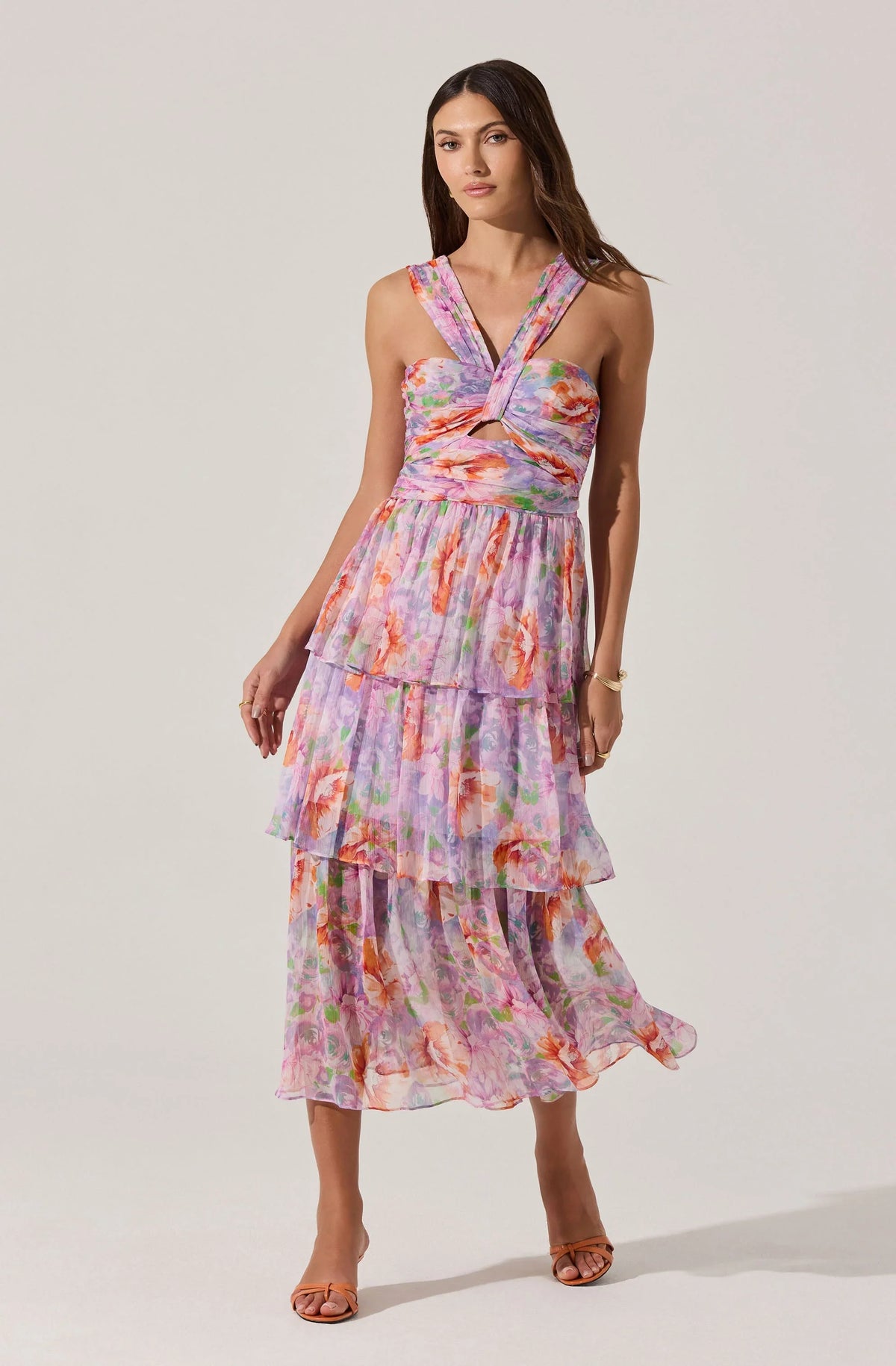 Tiered Floral Cutout Midi Dress