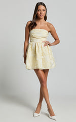 Laure Mini Dress - Strapless Jacquard Dress in Lemon