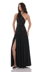 Drop Waist Sequin Maxi Dress in Black