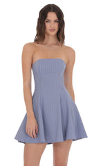 Pinstripe Corset Strapless Dress in Denim Blue
