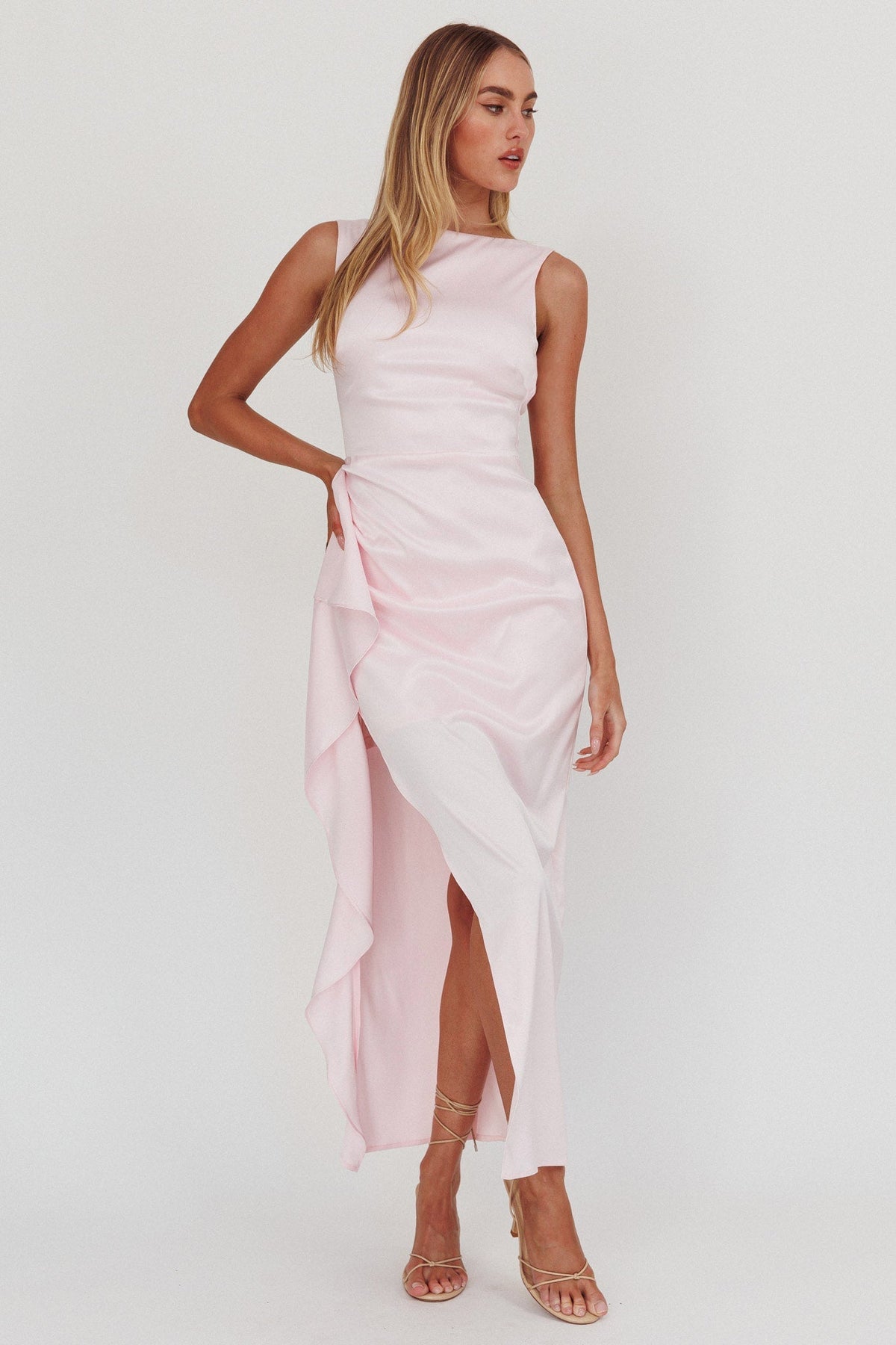 Kamillia Boat Neck Split Maxi Dress Ice Pink