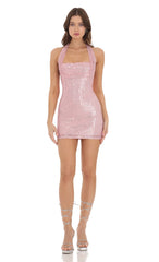 Sequin Halter Dress in Pink