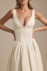 Broderie Anglaise Bow-Detail A-Line Midaxi Dress in Ivory