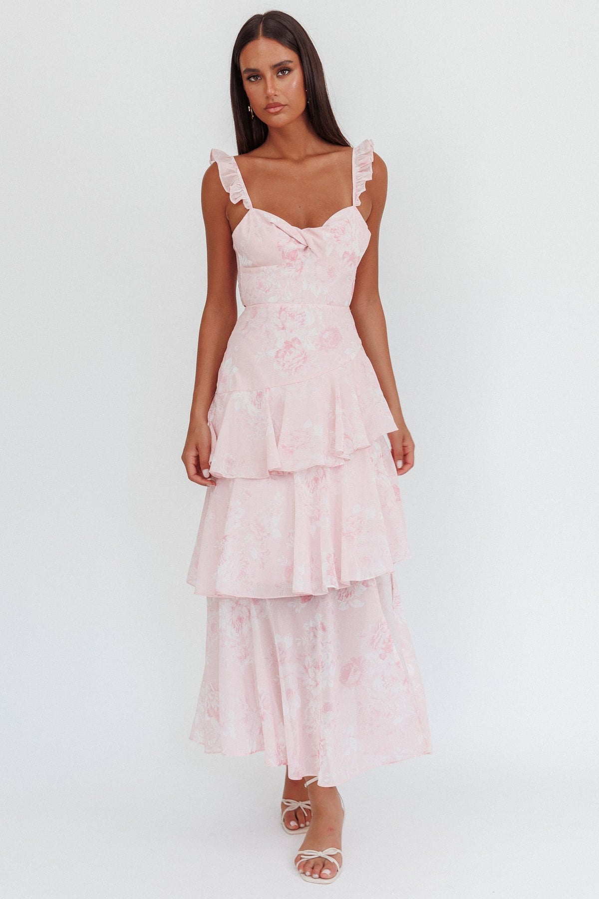 Veda Ruffle Strap Split Maxi Dress Roses Blush