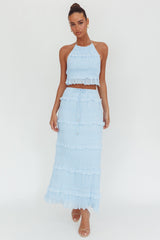 Helios Shirred Sequin Maxi Skirt Blue