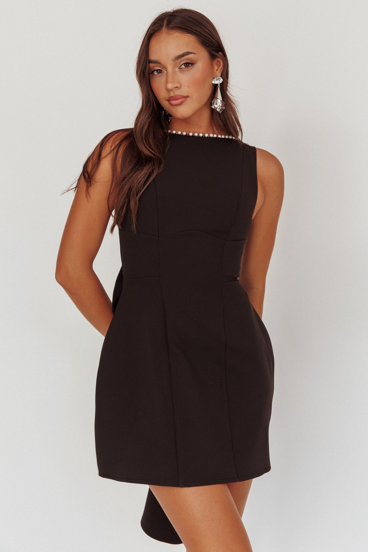 Opulent Pearl Trim Oversized Bow Mini Dress Black