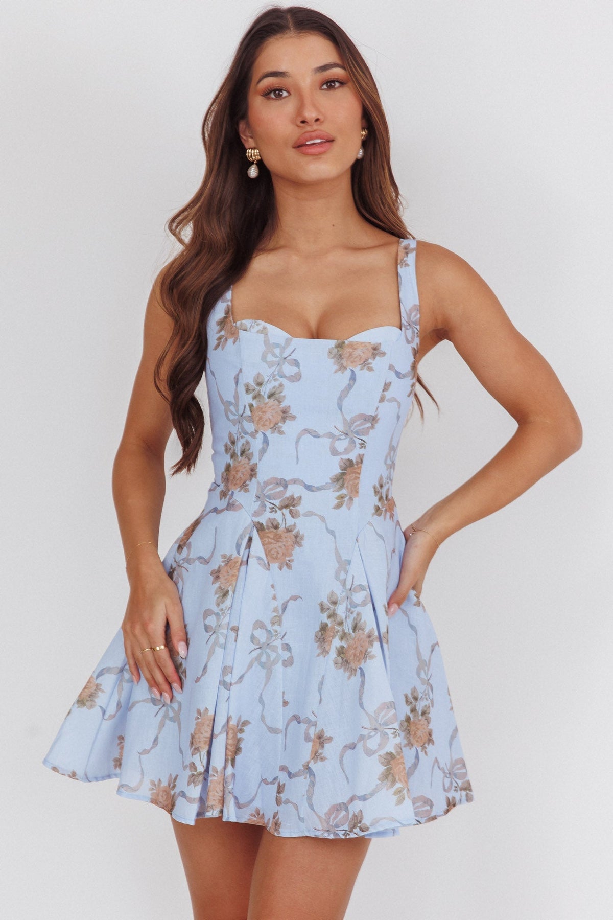 Get My Attention Basque Waist Mini Dress Floral Blue