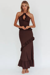 Clemence Smocked Frill Trim Maxi Dress Chocolate