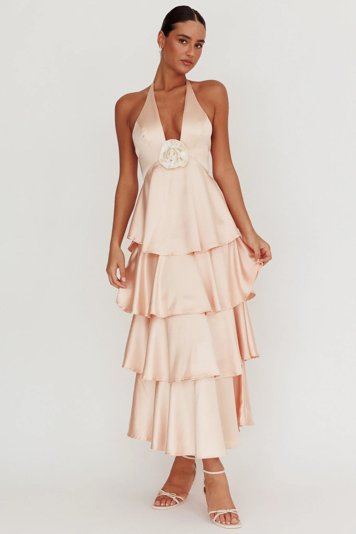 Catalina Tiered Ruffle Rosette Maxi Dress Peach