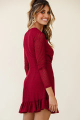 Madonna Long Sleeve Ruffle Trim Embroidered Dress Wine