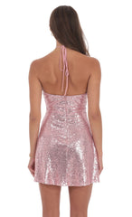 Sequin Florette Halter Dress in Pink