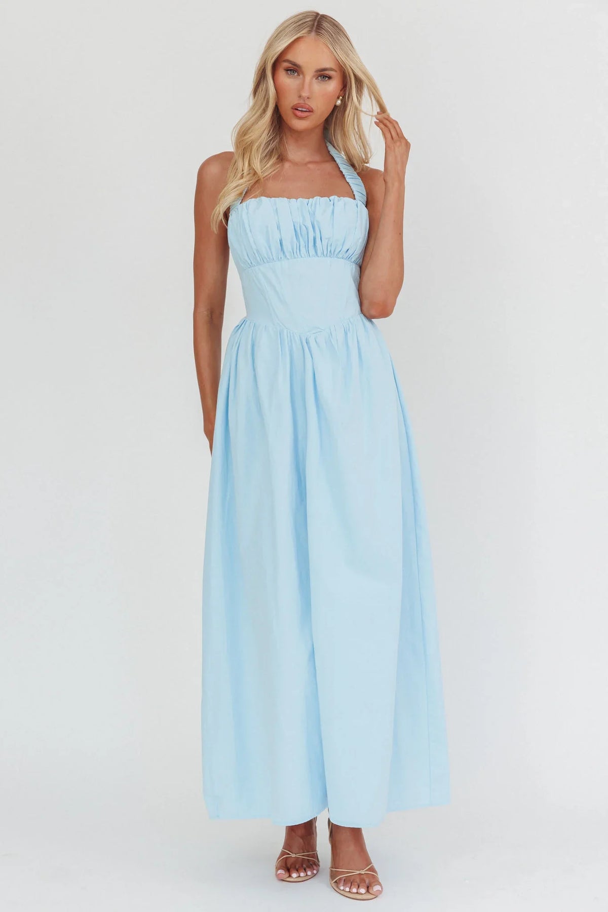 Irisa Elasticated Halter Maxi Dress Ice Blue